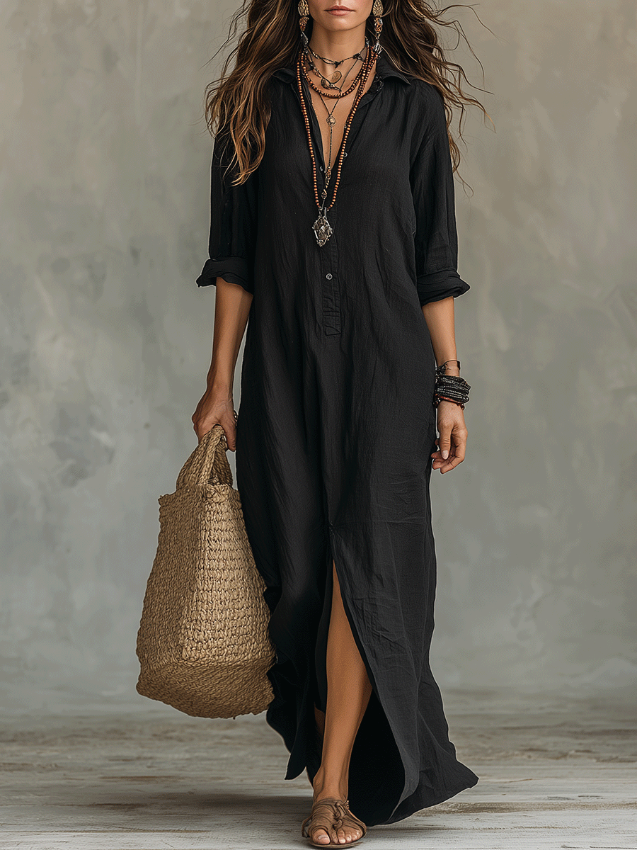 best men's dress suits Women's Paisley Printed Button-Down Maxi Dress Casual V-Neck Party Beach Sundress Black / M main image 0