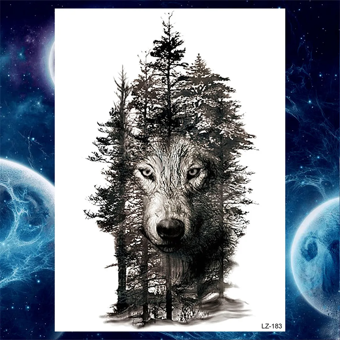 3D Lion Tiger Temporary Tattoos For Men Women Adult Black Wolf Tattoo Sticker Realistic Fake Bear Mountain Disposable Tatoo Body