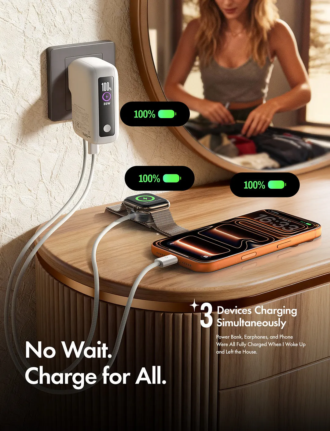 This 3-in-1 fast travel charger combines a 35W wall charger and a 27W power bank, and includes a built-in 3.3-foot USB-C cable and a foldable plug.