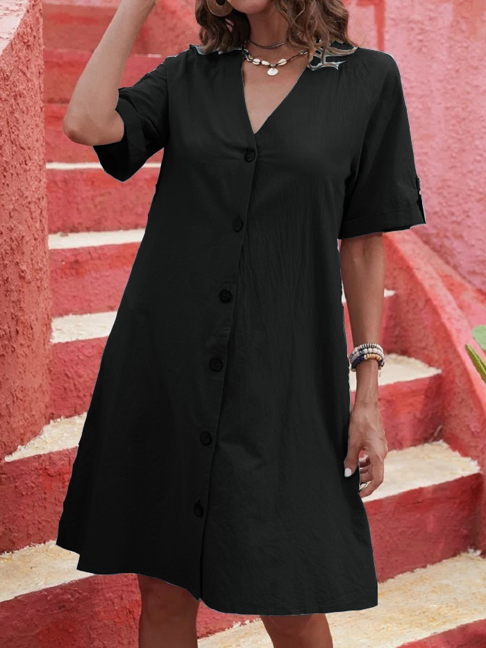 Mid-Length Single-Breasted V-neck Loose Tunic Dress