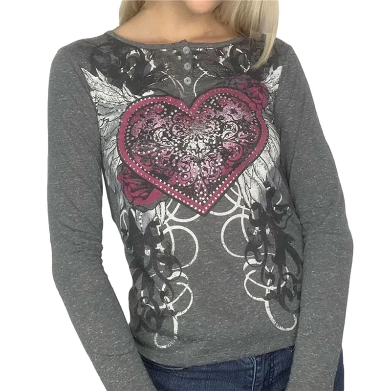 Xingqing Fairy Grunge Heart Wings Print Top Graphic Tee Vintage Cyber Y2k Aesthetic Clothes Brown Long Sleeve T Shirts