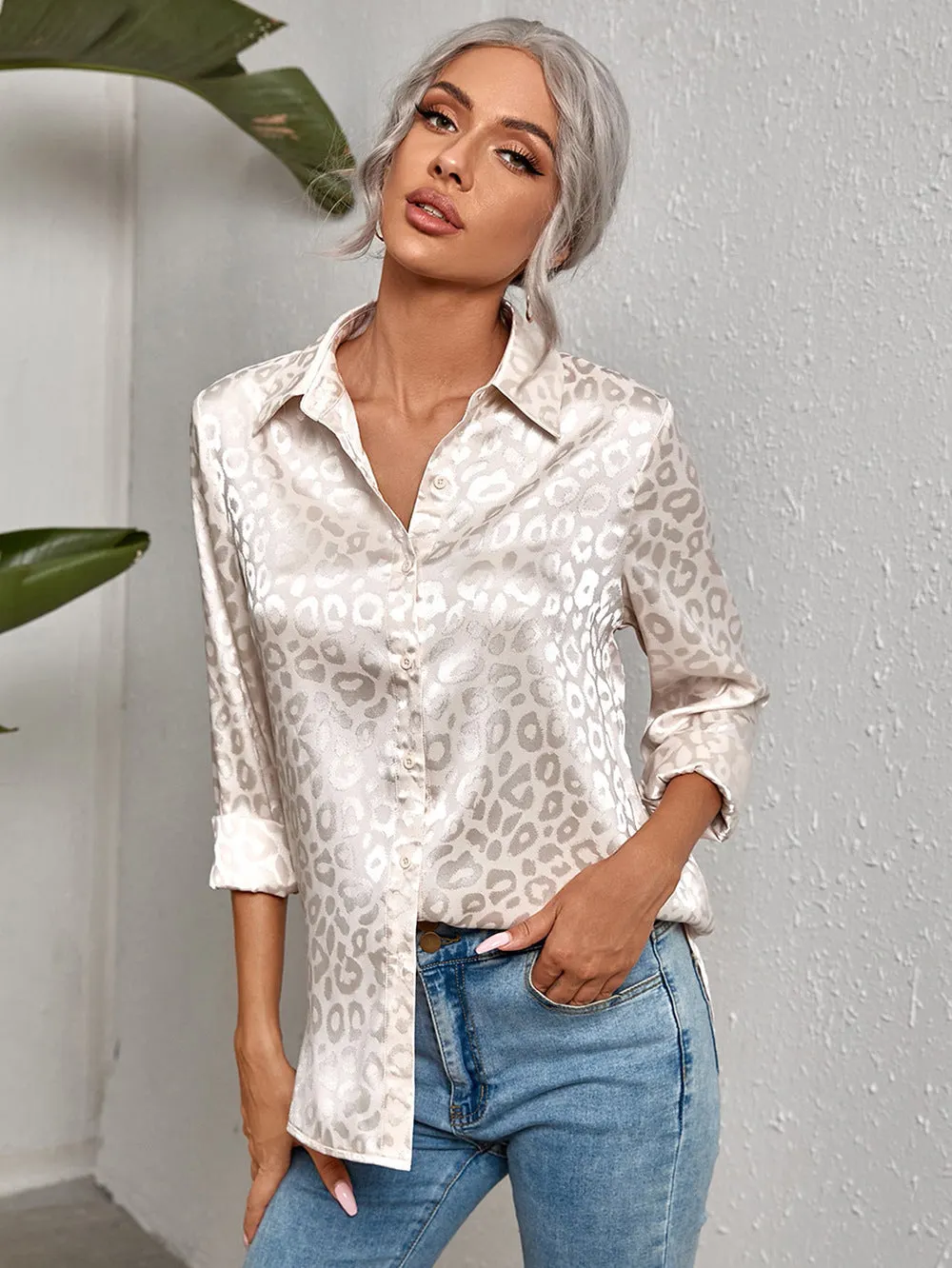 Back to school  Women Leopard Print Luxury Blouse Spring Summer Long Sleeve Lapen Vintage Button Up Shirt Office Lady Satin Tunics Harajuku Top