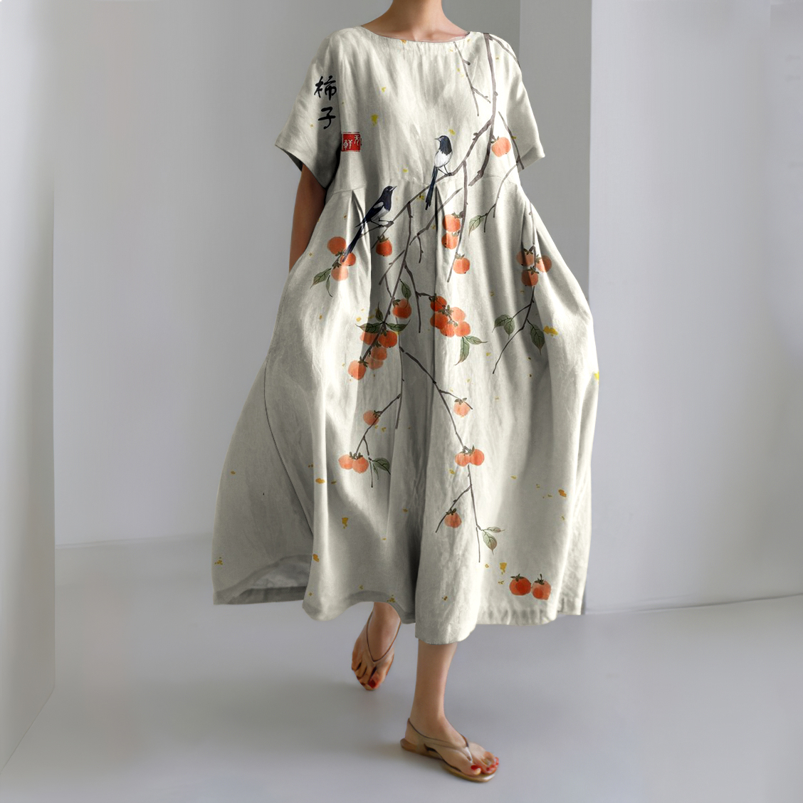 Japanese Art Persimmon Linen Blend Short Sleeve Maxi Dress