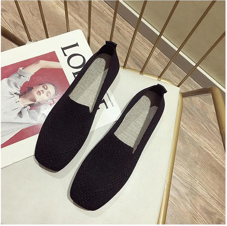 2022 Plus Size Spring New Ballet Flats Women Square Toe Knit Fabric Loafers Breathable Flat Heel Drive Shoes Driving Sneaker