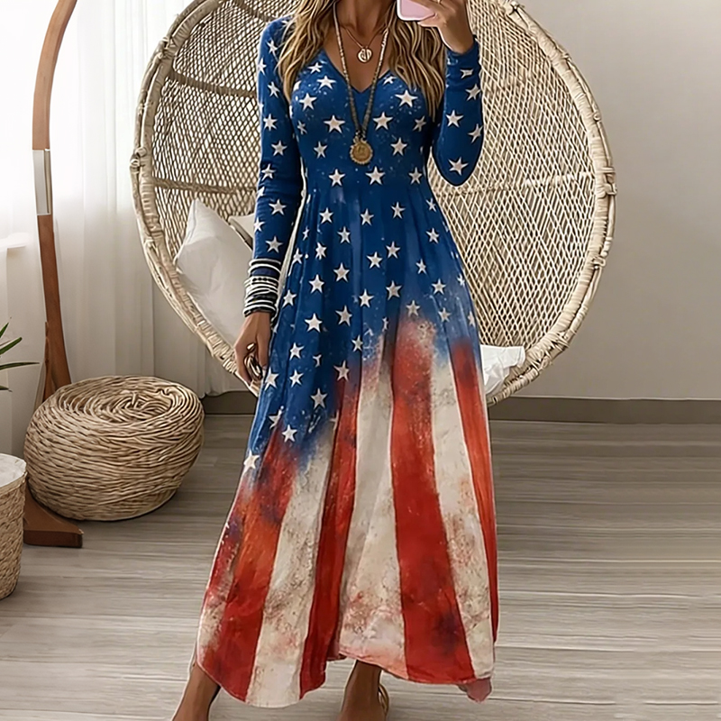 Comstylish Women's Star Stripe Design V-neck Long Sleeve A-line Dress