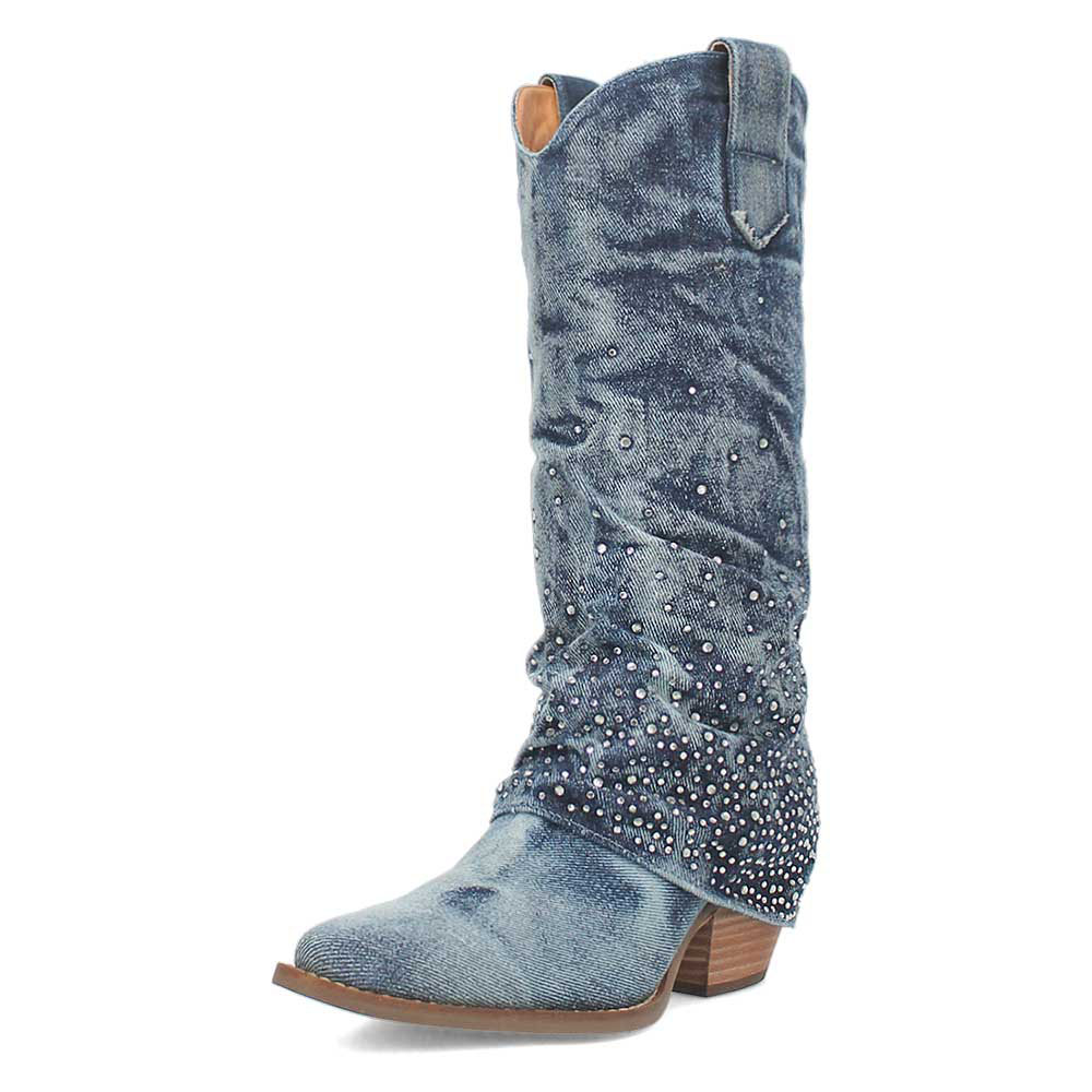 Blue Denim Closed Toe Chunky Heel Rhinestone Embellished Cowgirl Boots Nicepairs