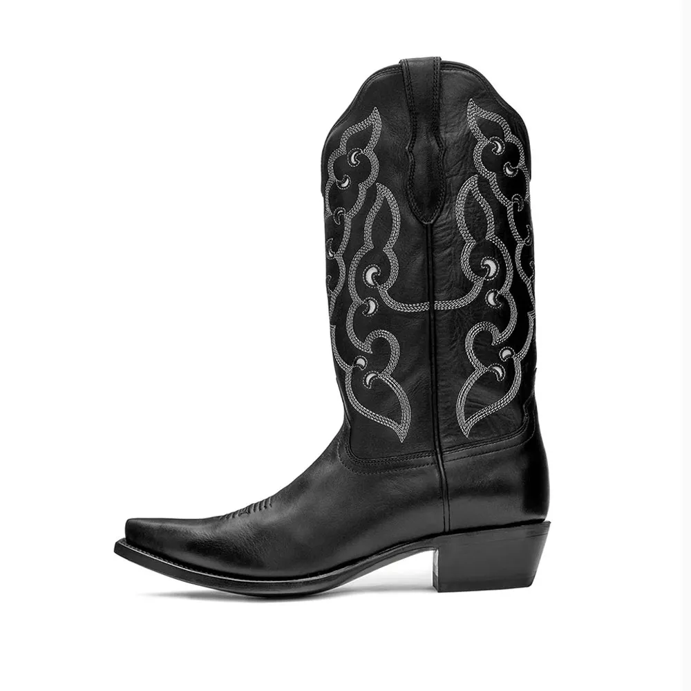 Black Snip Toe Chunky Heel Cut Out Embroidered Cowboy Boots for Women