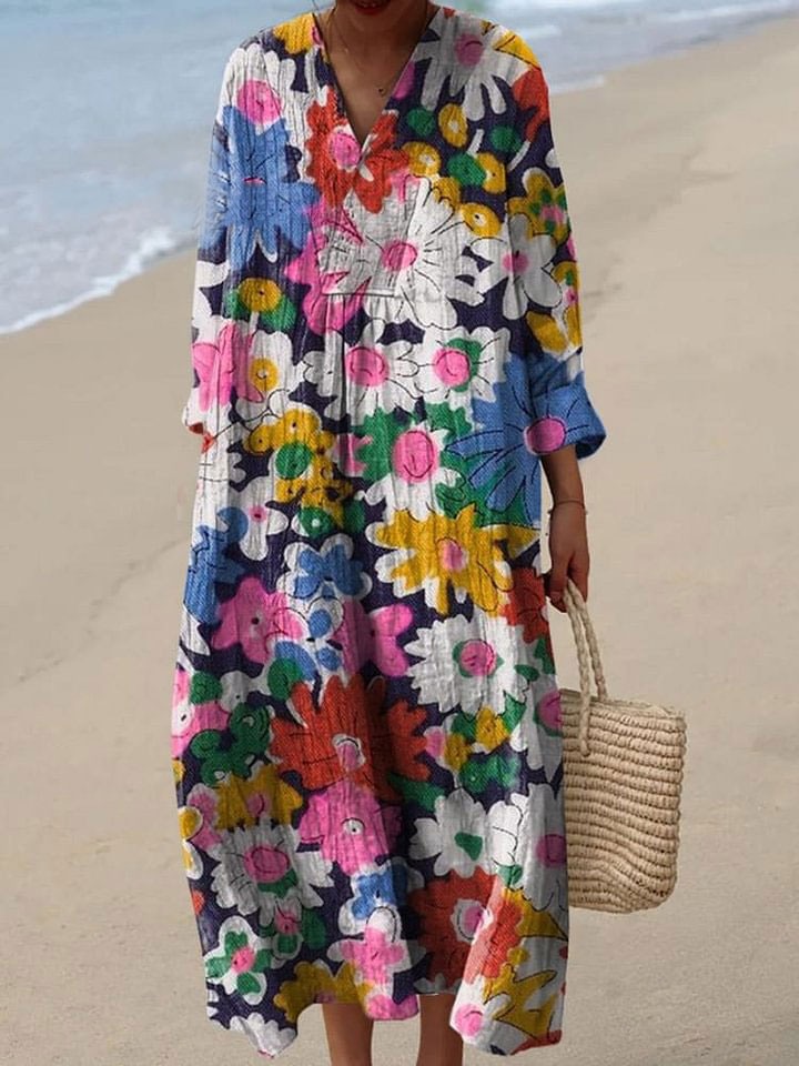 Women's Retro Colorful Floral Art Print Flowy Dress