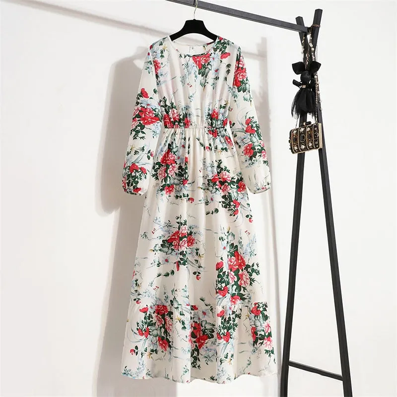 Floral Print Long Dress Women Lantern Long Sleeve High Waist Elegant Party Dress Ladies Casual Spring Summer Beach Maxi Dress