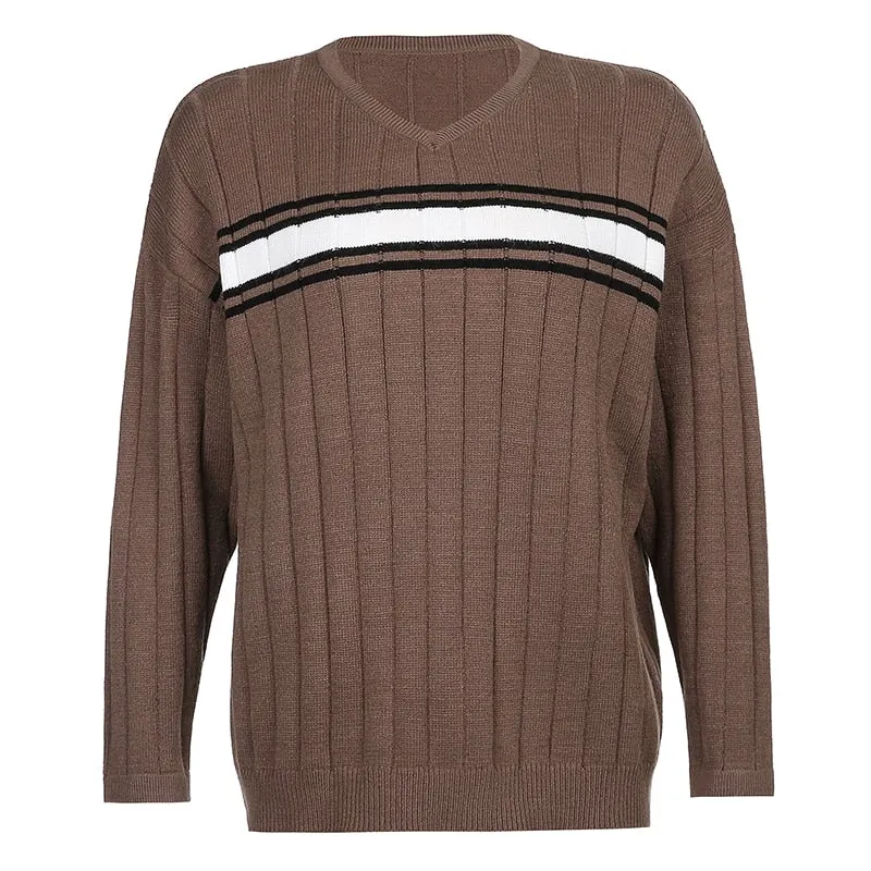 HEYounGIRL Striped V Neck Oversized Sweater Women Casual Loose Knitted Jumper Ladies Preppy Style Vintage Korean Knitwear Autumn