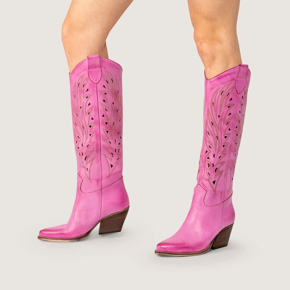 Embroidered Snip Toe Block Heel Cute Fuchsia Knee-High Cowgirl Boots Nicepairs