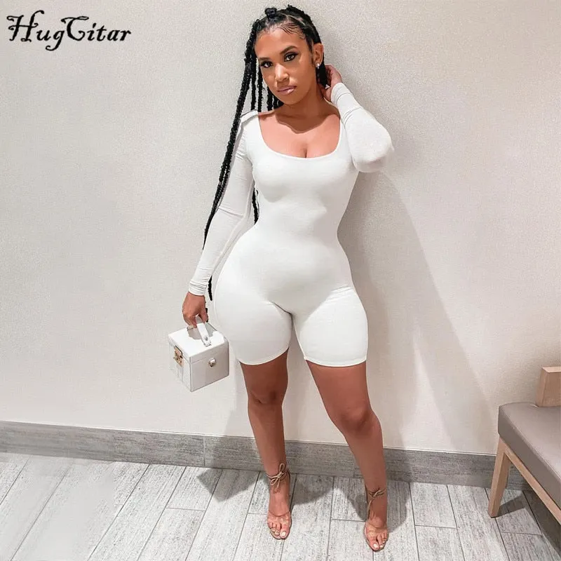 Hugcitar 2021 Long Sleeve Bodycon Stretchy Playsuit Summer Women Fashion Streetwear Outfits Romper White Body