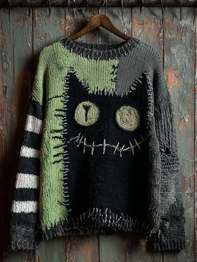 Women's Halloween Cat Contrast Print Knitted Sweater 