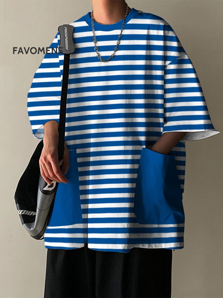 Men&rsquo;s Simple Lines Sailor Blue Art Casual Print Premium Loose T-Shirt / S