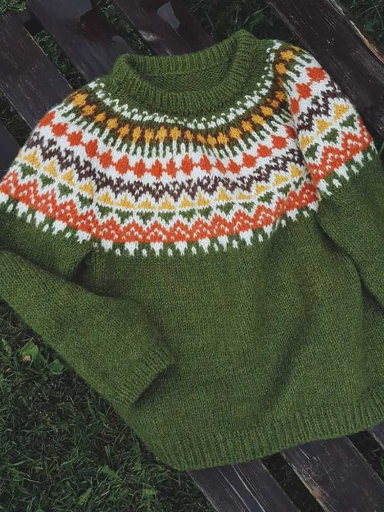 Vintage Lopapeysa Icelandic Knit Jacquard Warmth Crew Neck Sweater（Unisex）
