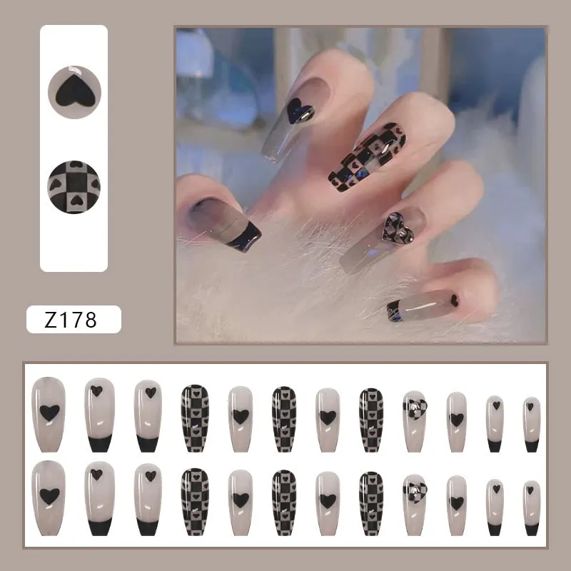 24Pcs Coffee Color With Grids Heart Designs False Nail Full Cover Fake Nails with Glue Detachable Wearable Manicure Nail Tips-Nail Inspo