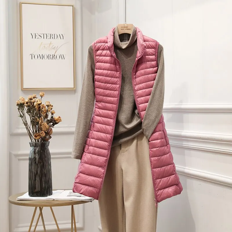 FTLZZ New Winter Women Ultra Light White Duck Down Jacket Zipper Medium Long Vest Stand Collar Outerwear 4XL Plus Size Down Coat