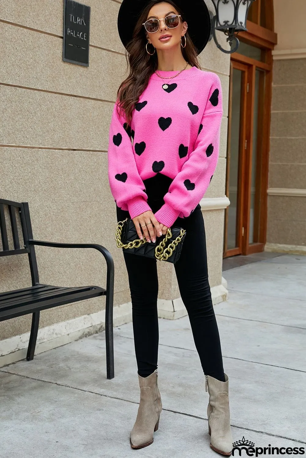 Heart Pattern Ribbed Trim Knit Sweater