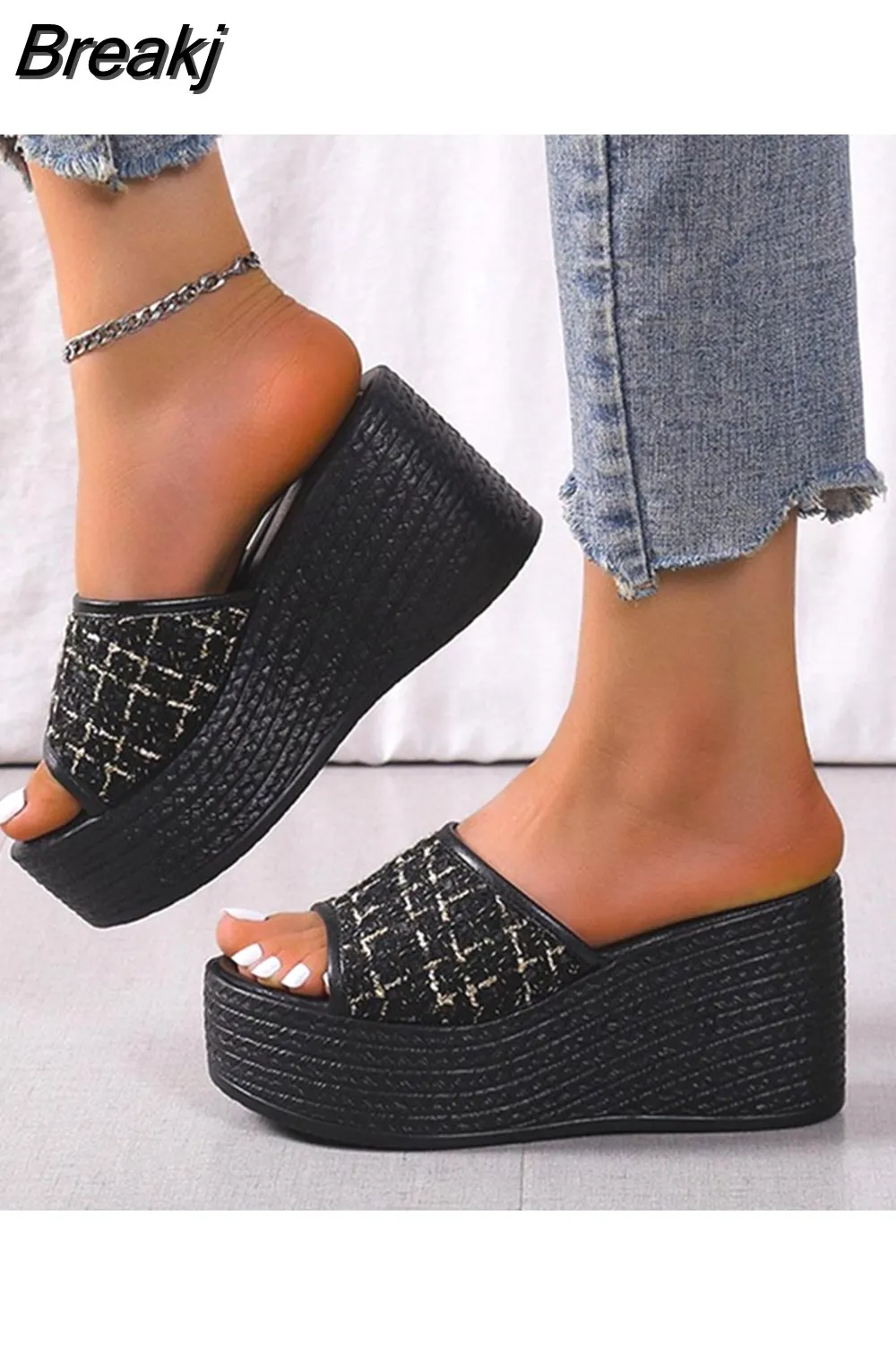 Breakj Wedge High Heeled Women Sandals New Arrived 2023 Bling Sequin Lady Slipper Peep Toe Comfort Walk Causal Sandals Plus Size