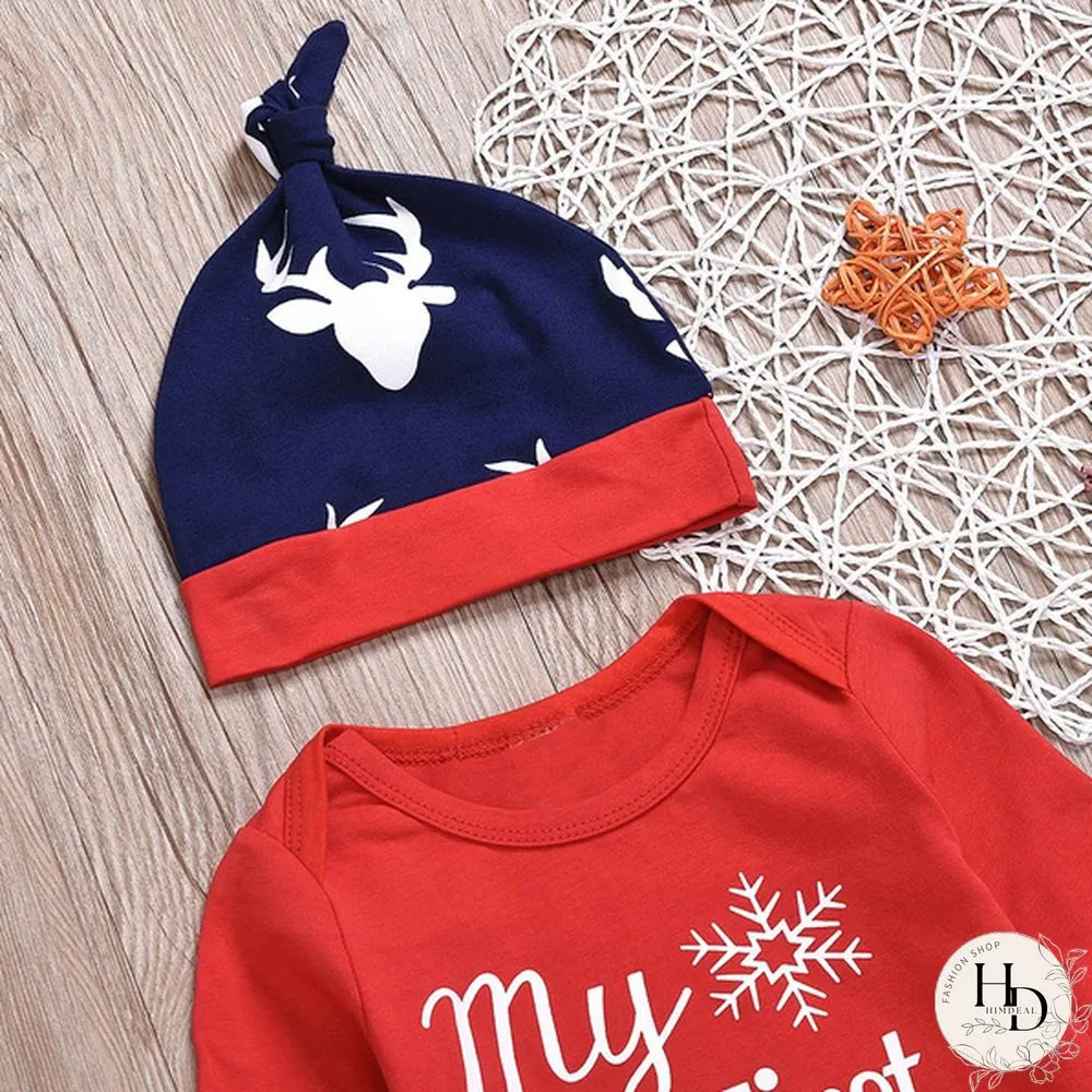 3pcs/set Newborn Infant Baby Christmas Letter Snowflake Print Romper Deer Pants With Cap Xmas Outfits