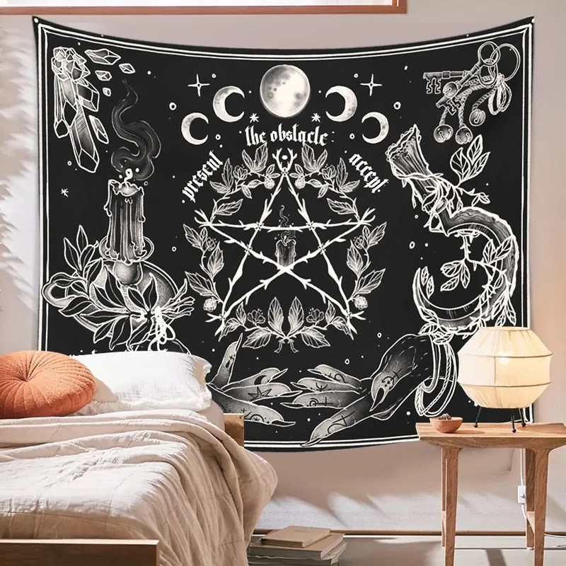 witchcraft Tapestry White and Black Floral Hands Psychedelic magic Hippie Boho Wall Hanging Divination Tapestry bedroom decor