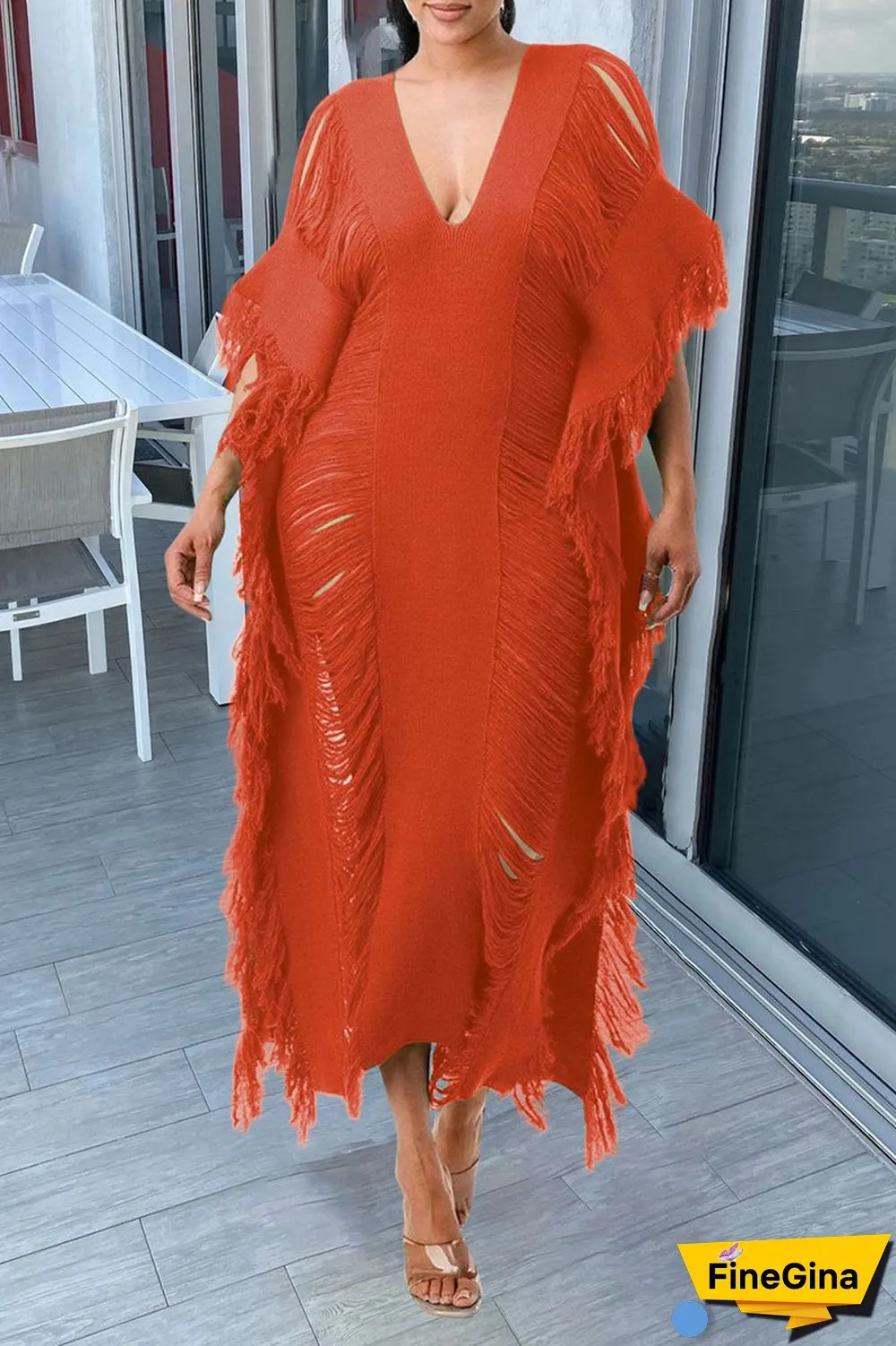 White Sexy Solid Tassel Hollowed Out Patchwork V Neck Beach Dress Two Pieces Set