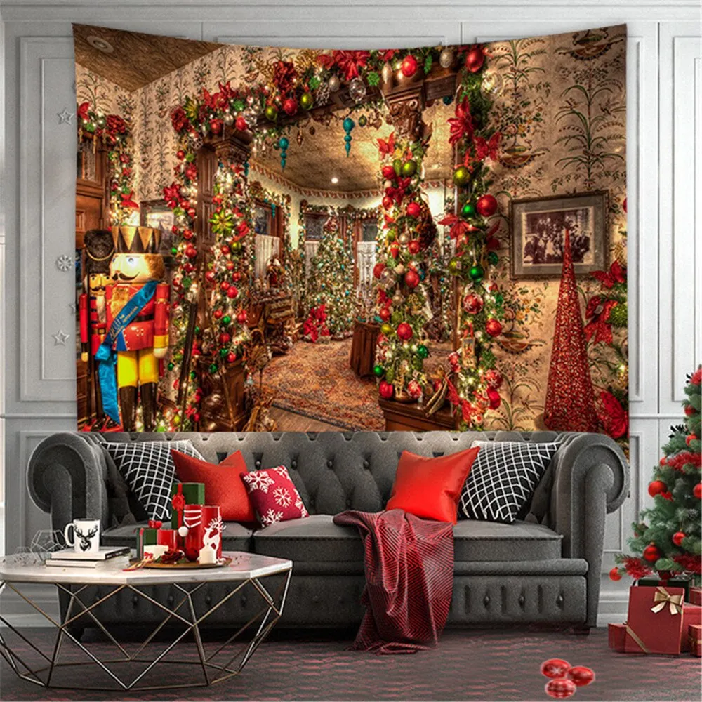 Merry Christmas Tapestry Wall Hanging Christmas Tree Fireplace Wall Cloth Tapestries Psychedelic Boho Decor Wall Tapestry Carpet