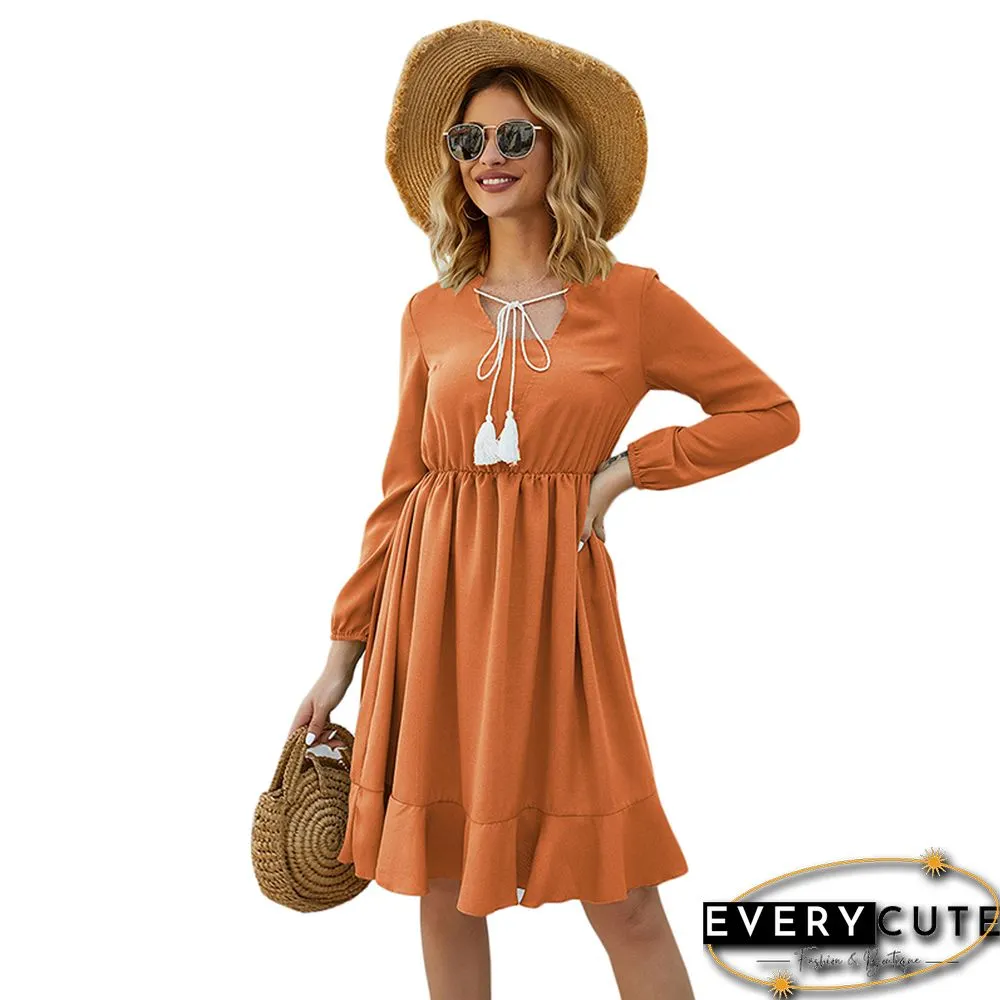 Orange Lace Up Long Sleeve Casual Dress