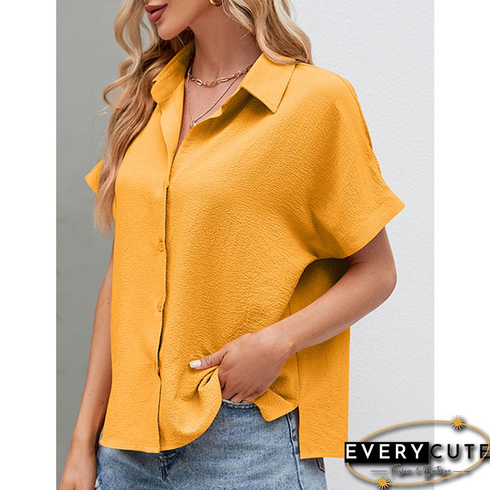 Yellow Button Lapel V Neck Short Sleeve Shirt