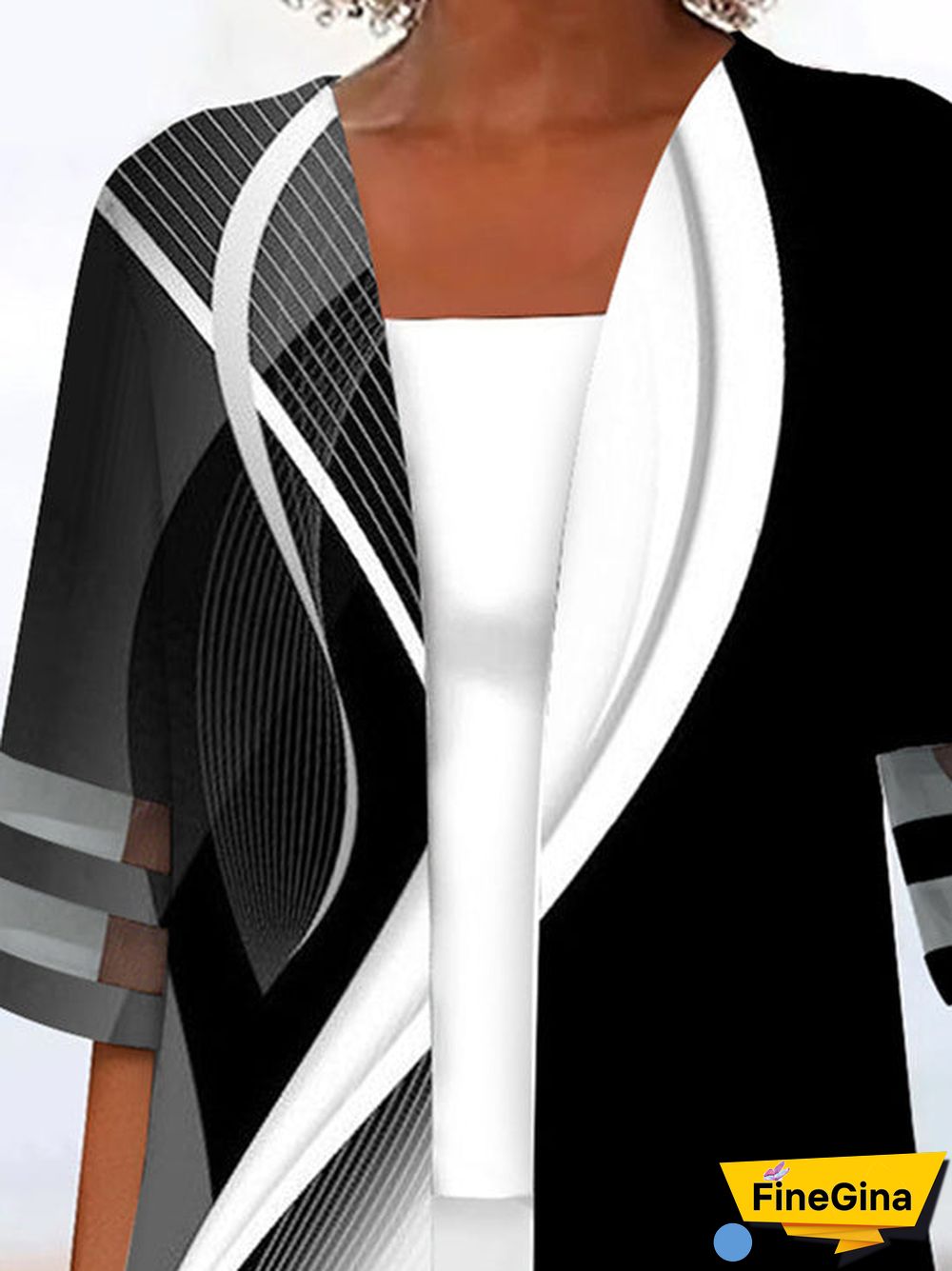 Women Half Sleeve Scoop Neck Striped Printed Colorblock Two-Pieced Tops