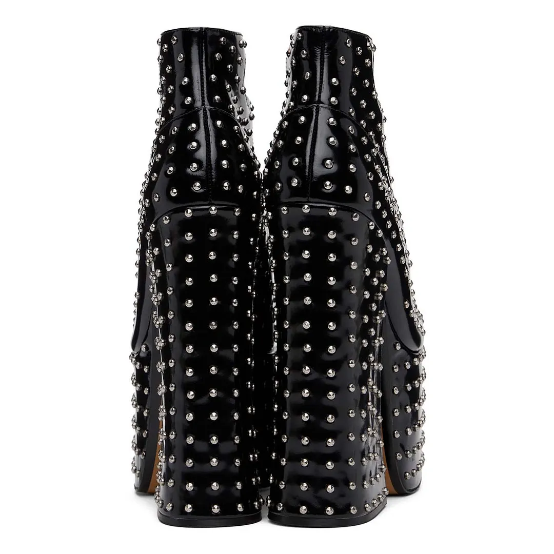 YDN Black Round Toe Studded Buckle Strap Women Platform Heels