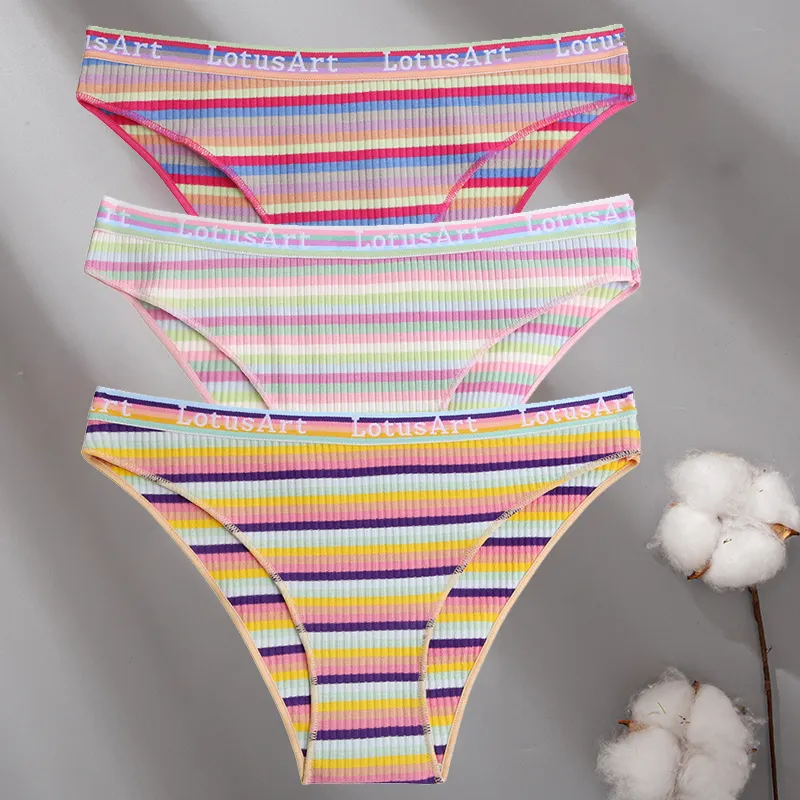 Billionm Women Cotton Colorful Stripe Panties Sexy Intimate Underwear Female Soft Solid Briefs Low Waist Underpant Soft Lingerie