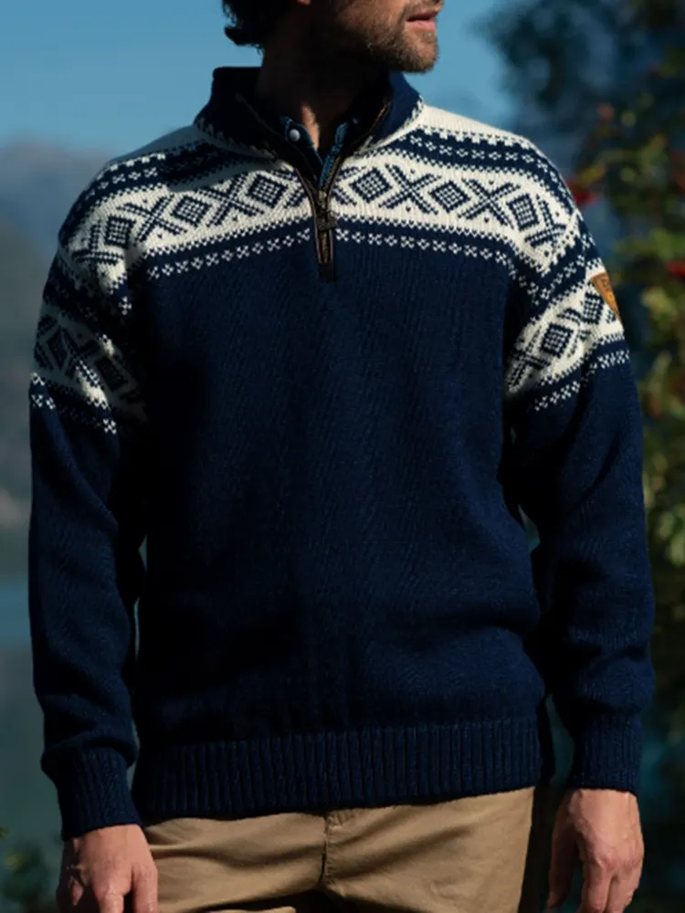 Vintage Warmth Hemsedal Knit Jacquard Icelandic Half Zip Collar Sweater（Unisex ）