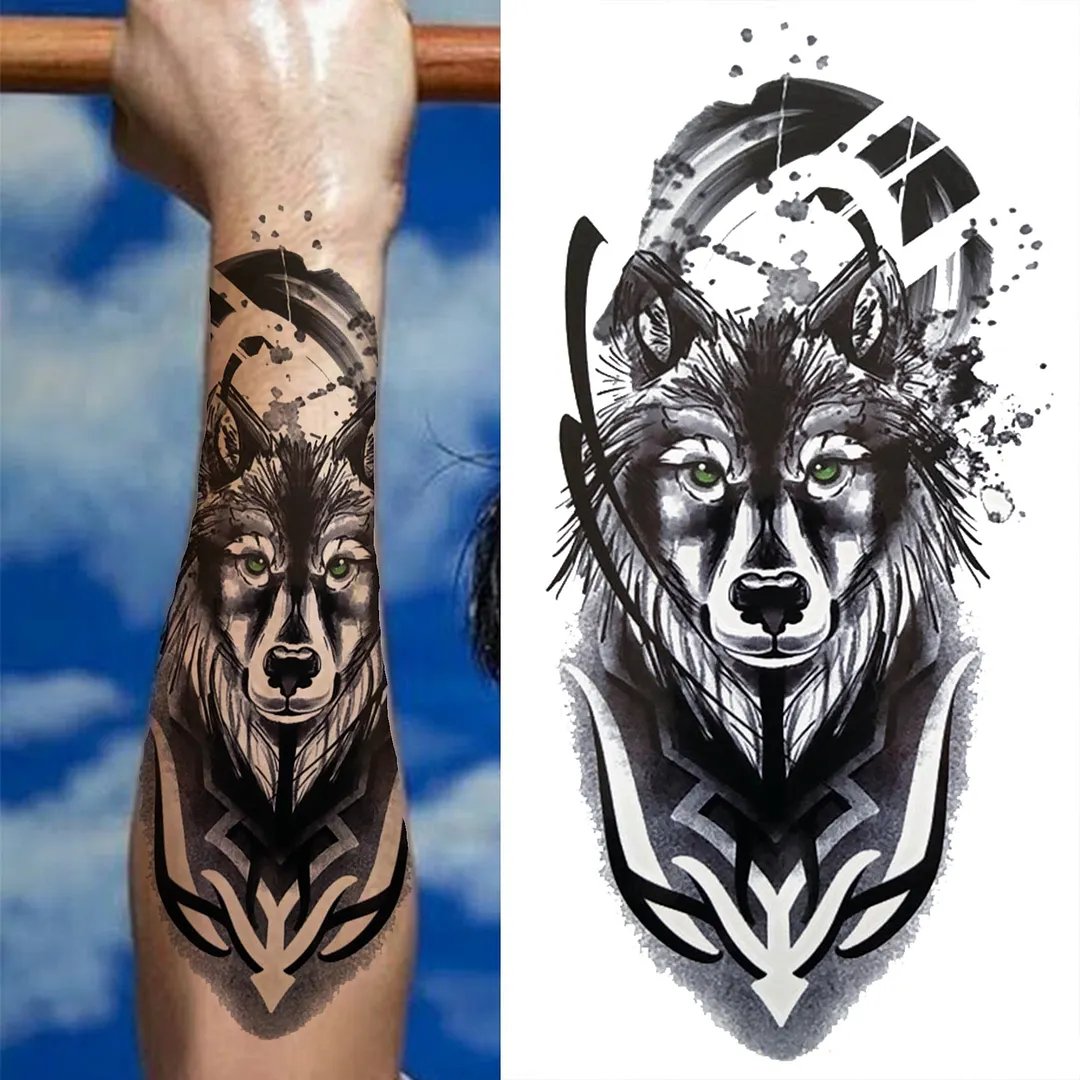 Cross Lion Temporary Tattoo For Women Men Adult Skull Tiger Wolf Forest Tattoo Sticker Black Fake Realistic Demon Tatoos Forearm 530-1