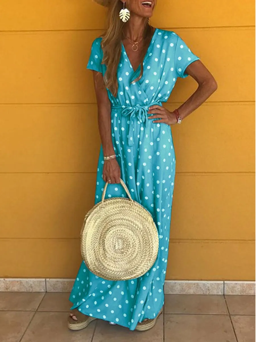 Bohemia V-Neck Polka Dot Elastic Waist Maxi Dress