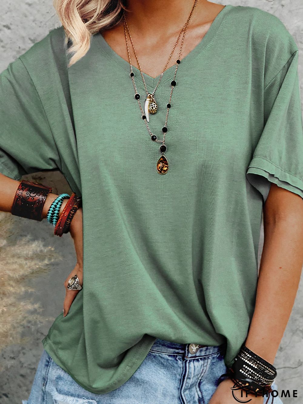 Cotton Holiday Short Sleeve V Neck T-shirt | IFYHOME