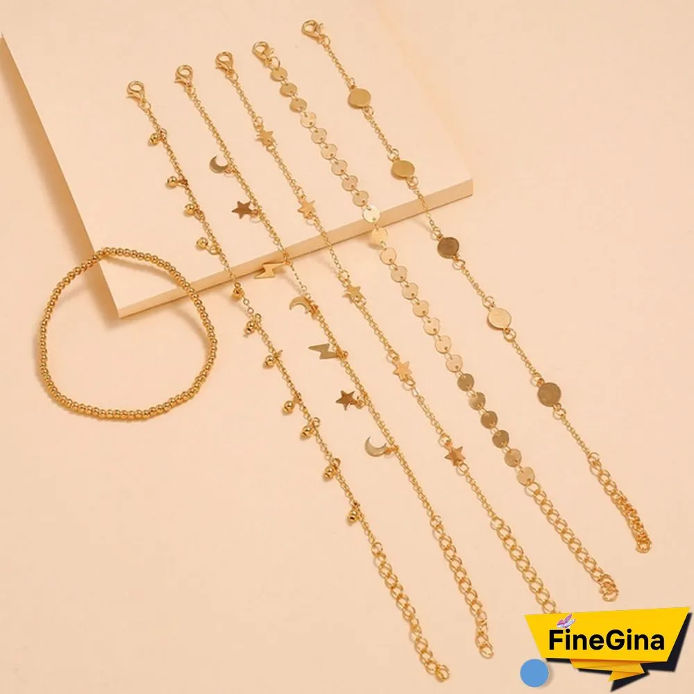 6 Pcs/Set Vintage Gold Color Anklet Women Lightning Star Moon Sequins Bracelet Boho Ankle Bracelet Foot Jewelry