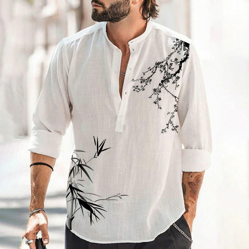 Mens Floral Bamboo Ink Print Linen Half Button Henley Shirts  artssus