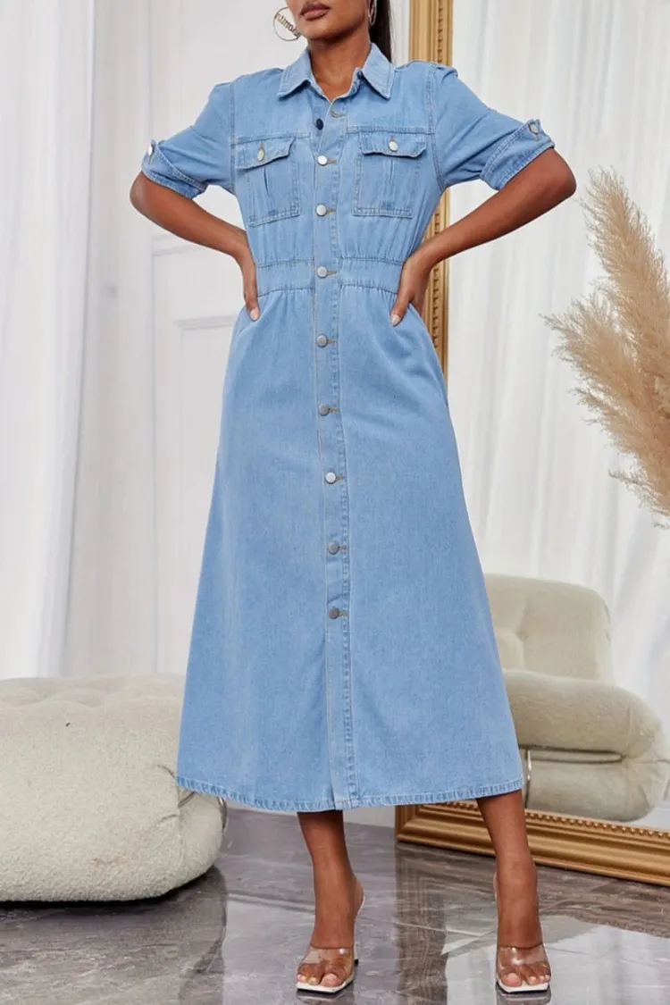 Casual Solid Patchwork Turndown Collar Short Sleeve Regular Denim Dresses