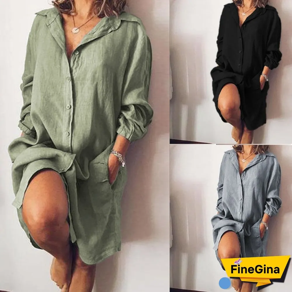 ZANZEA Women Spring Casual Baggy Linen Cotton V Neck Buttons Down Lapel Solid Mini Shirt Dress