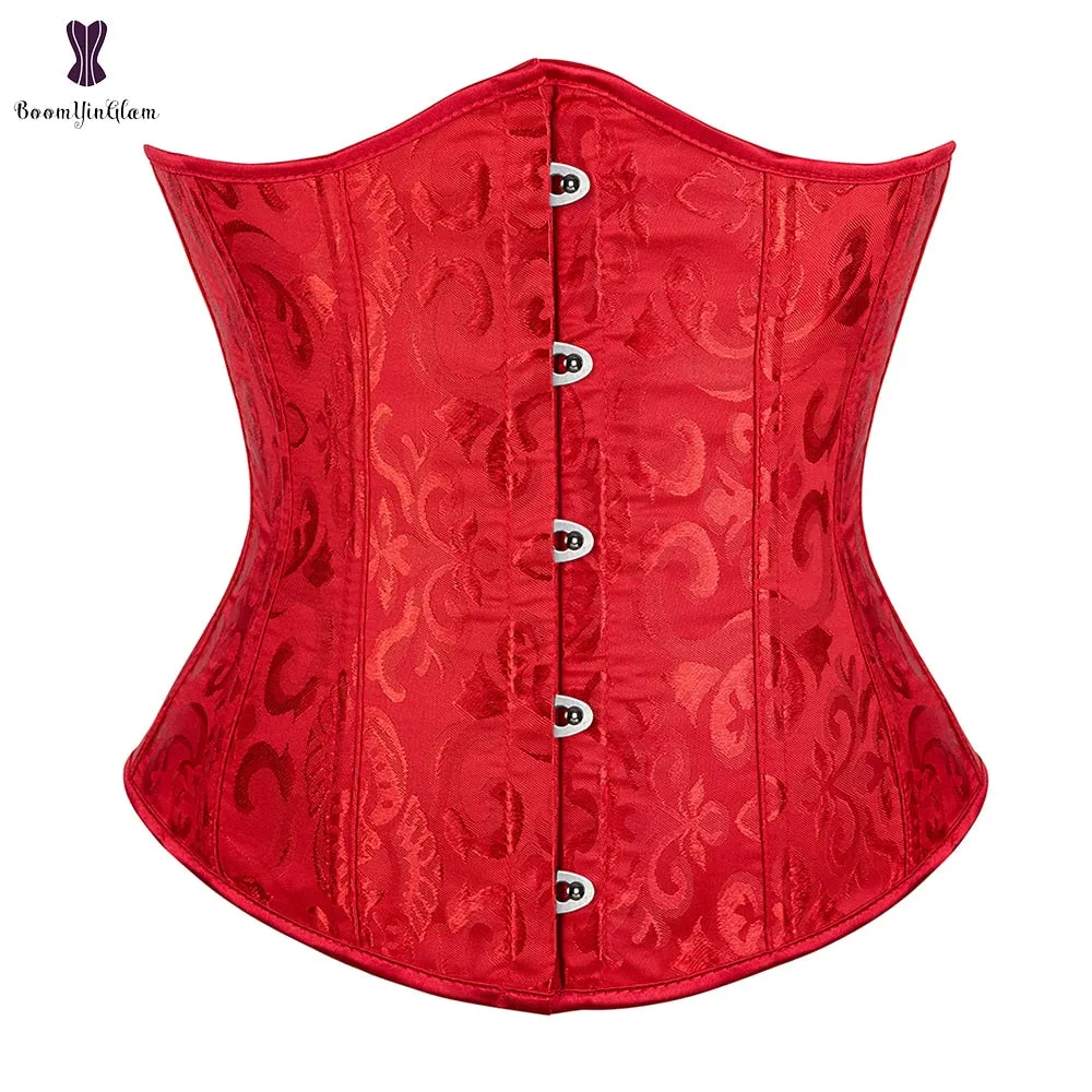 Jacquard Floral Underbust Corset Pink Blue Black White Coffee Lace Up Boned Waist Cincher Shaper Outfit