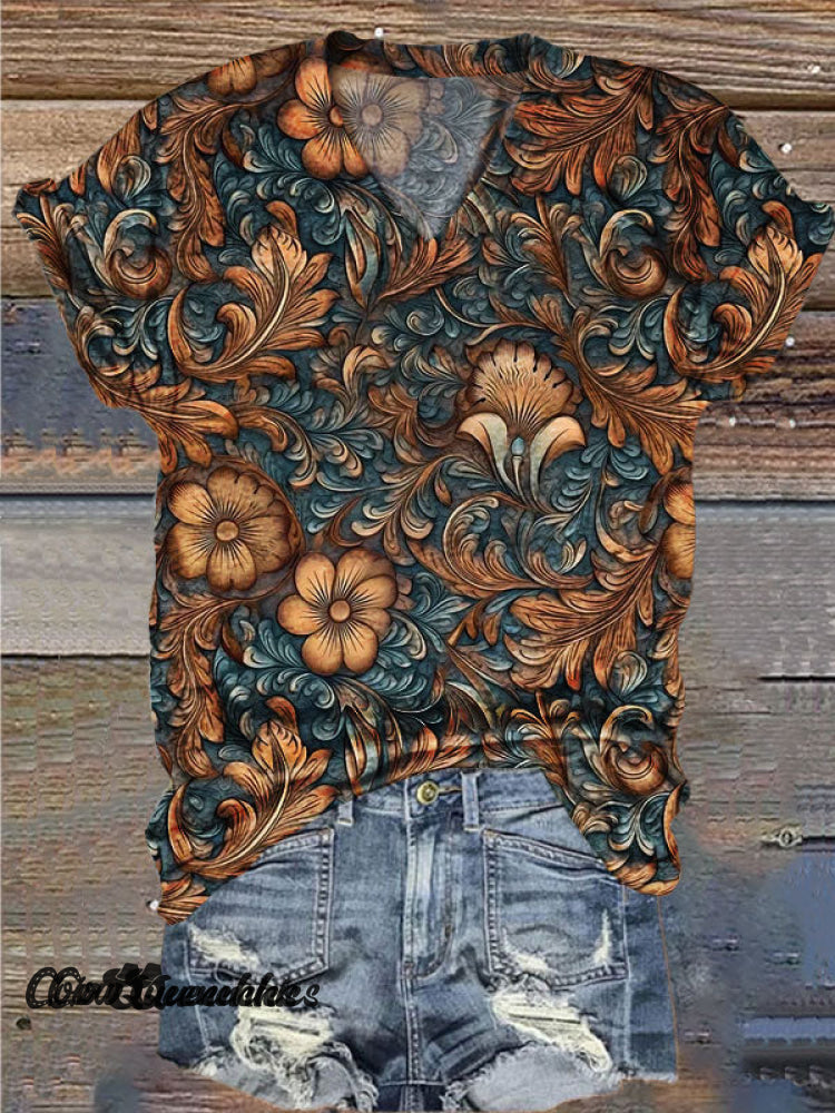 Women&rsquo;s Vintage Print V-Neck Casual T-Shirt Multicolor / S