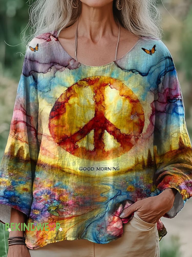 Peaceful Sunny Garden Printed Casual Round Collar Cotton Linen Shirt Multicolor / S