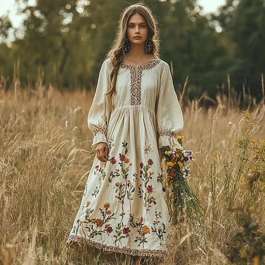 Vintage Floral Embroidery Women's Linen Long Dress