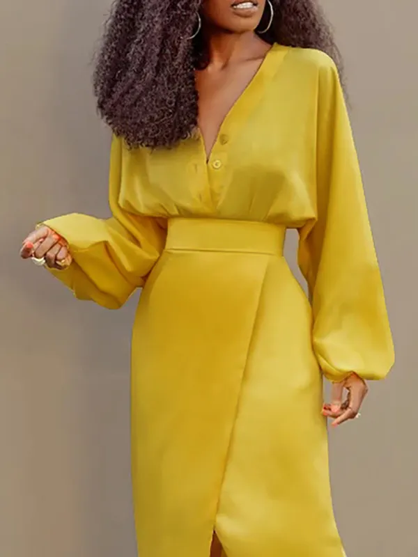 Buttoned Solid Color Long Sleeves Loose V-Neck Blouses&Shirts Tops