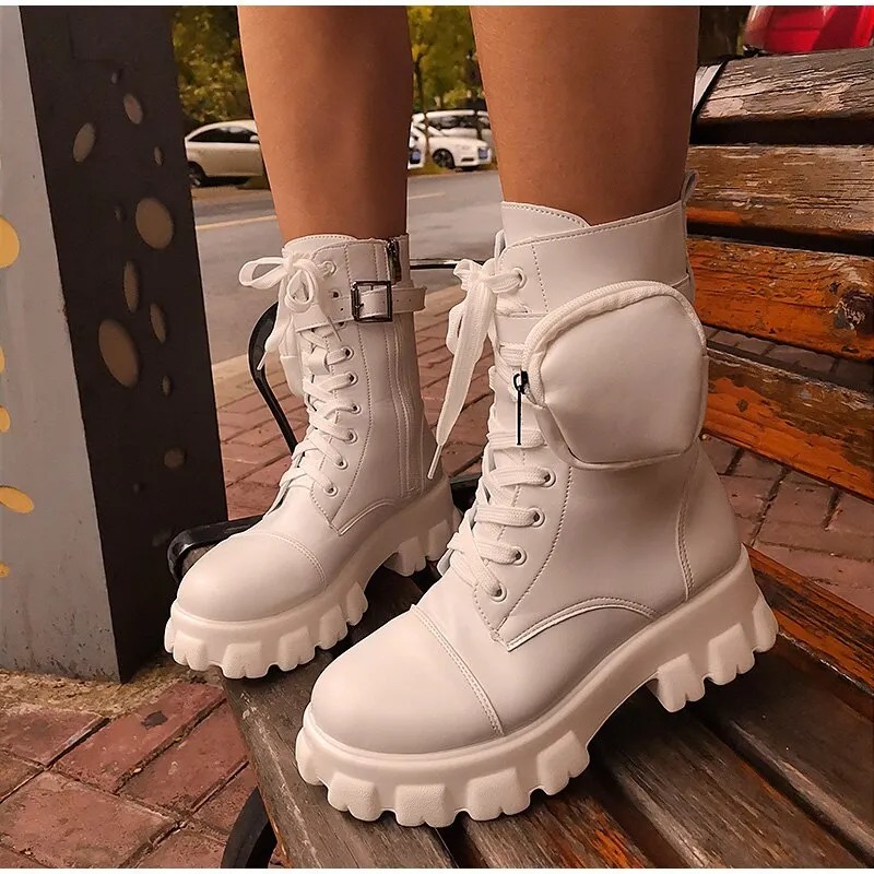 Women's Boots Buckle Strap Zipper Ladies Motorcycles Boots Pocket  Lace Up Female Combat Runway Ankle Boots Woman Platform Shoes