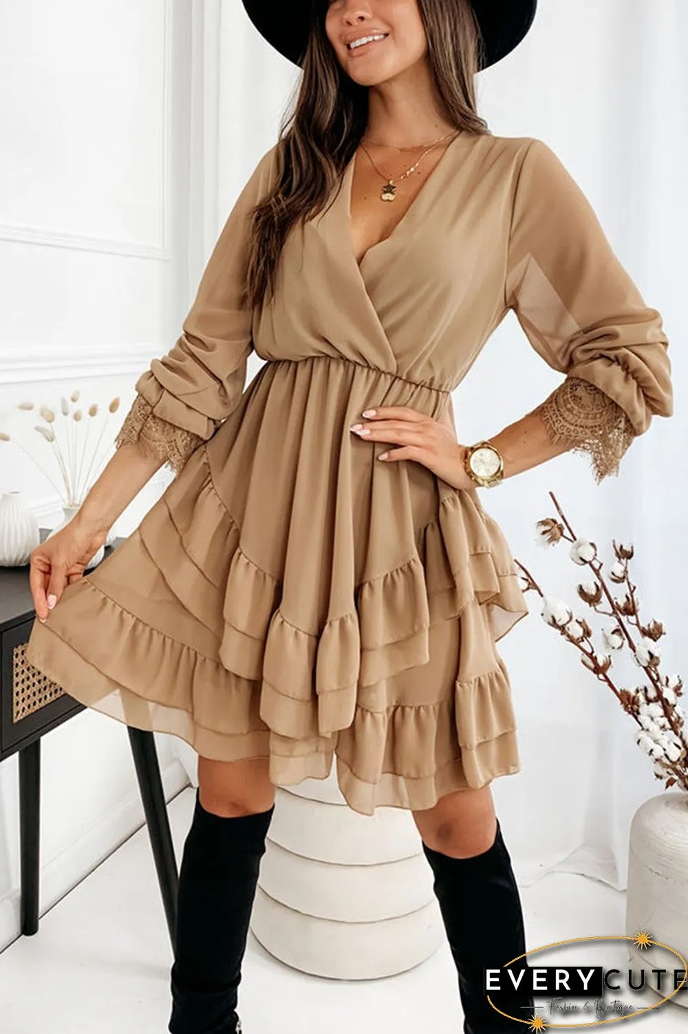 Cross V Neck Solid Color Mini Dress