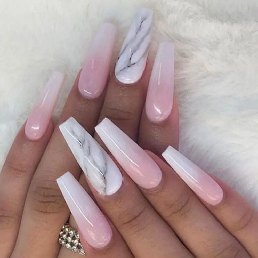 Detachable Marble Gradient Long Coffin False Nails Wearable Gold Foil Ballerina Fake Nails Full Cover Nail Tips Press On Nails