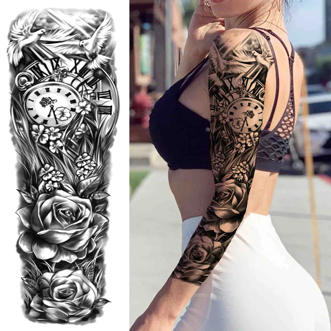 Sexy Girl Flower Temporary Tattoos For Women Men Black Lion Triangle Tattoo Sticker Fake Tribal Full Arm Sleeve Tatoos Paste 1108-1