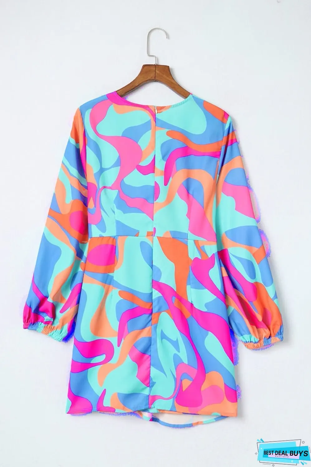 Abstract Wrap Puff Sleeve Dress